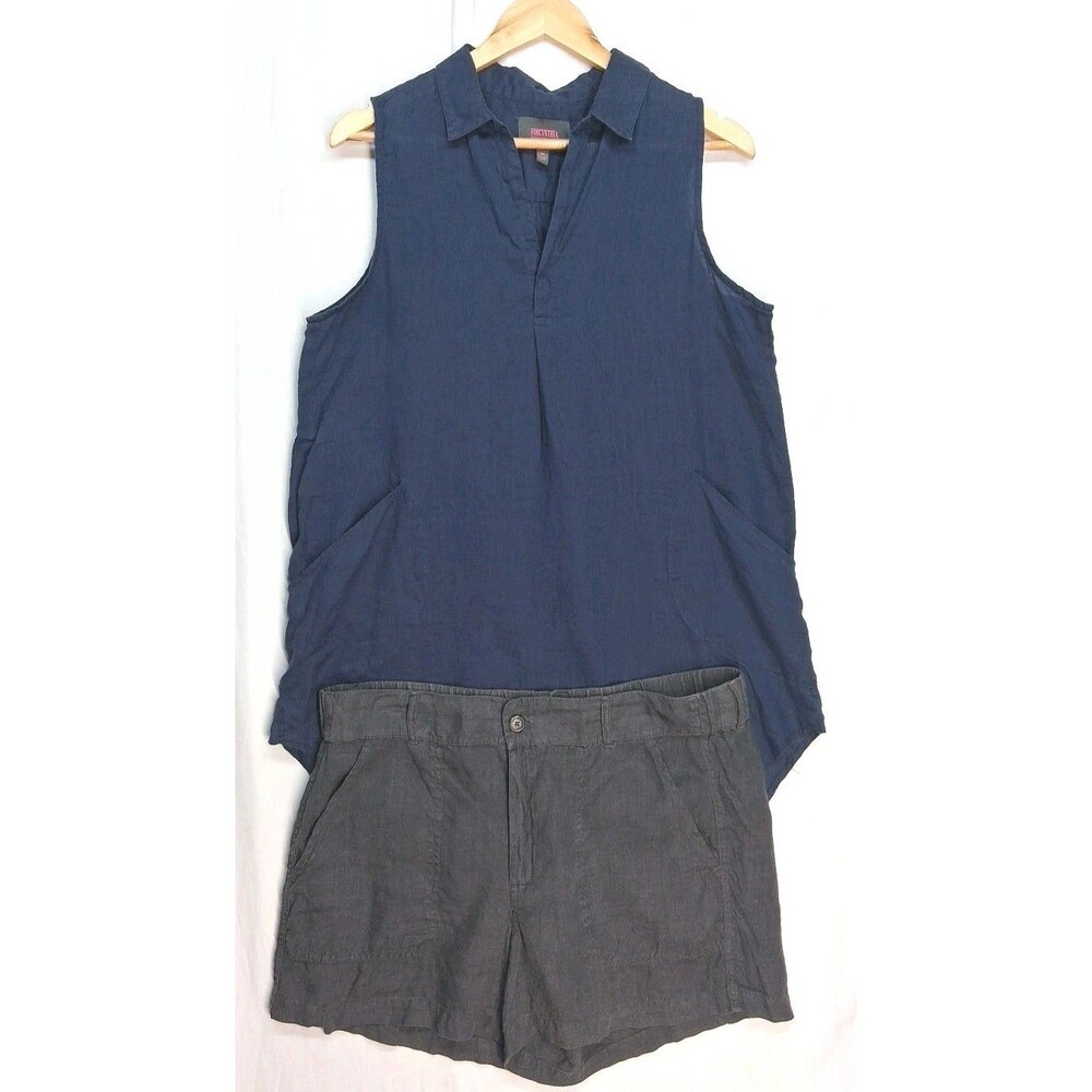 Forcynthia Blue Linen Top & Lou Grey Linen Black Shorts Womens Med Beach